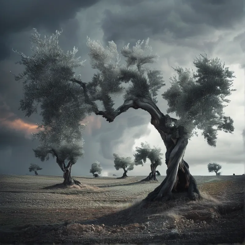A twisted olive tree curves over a barren landscape beneath heavy dark storm clouds with distant trees on the horizon.