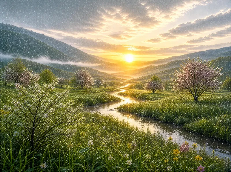 Rainy Sunset Valley Scene