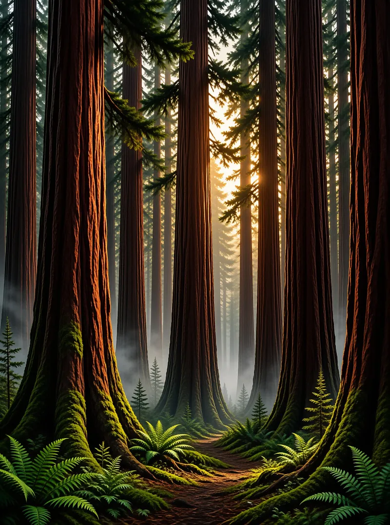 Towering old growth sequoia trees frame a mossy fern dotted path with golden morning light filtering through their canopy.