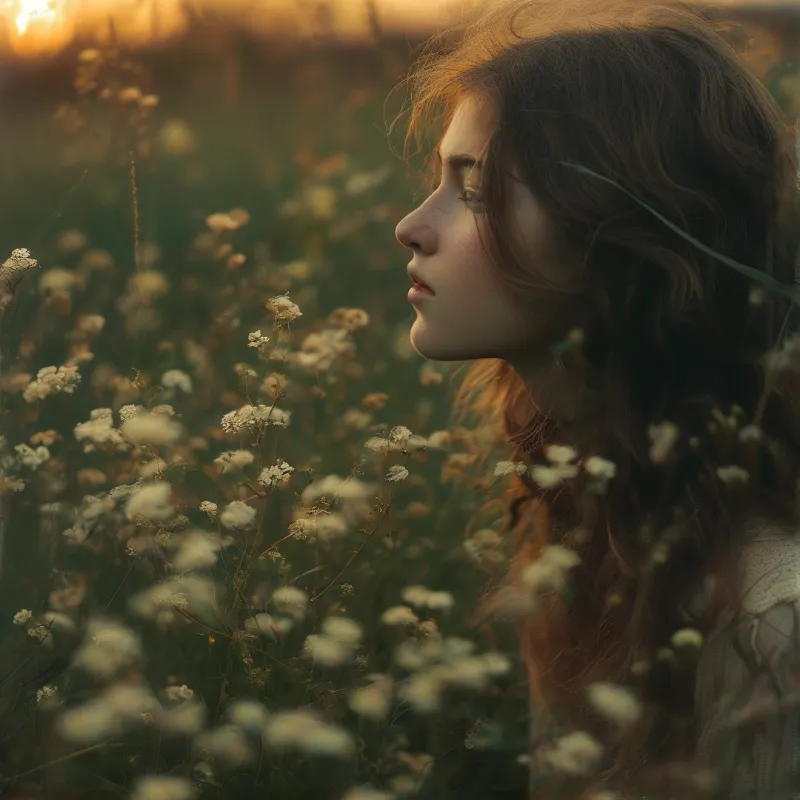 A young woman with wavy hair stands in profile within a field of white wildflowers while warm sunlight illuminates the scene from behind.