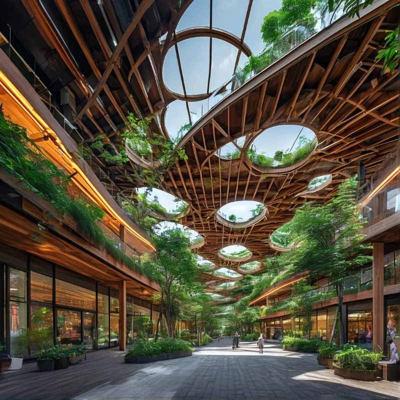 A wooden lattice ceiling with round skylights illuminates a green walkway lined by glass-walled shops and planters.