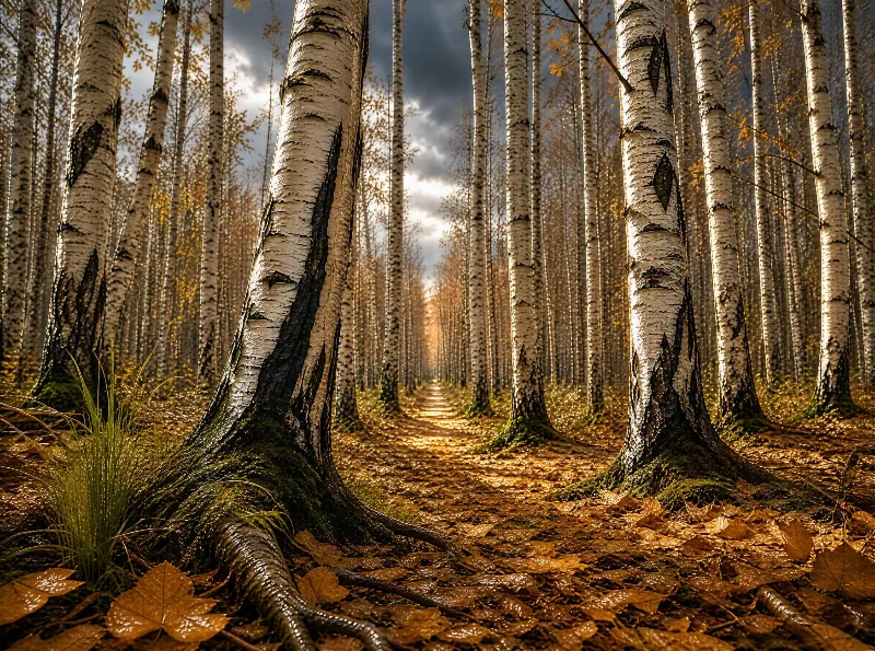 A dense forest of birch trees lines a narrow path covered in golden autumn leaves, with sunlight filtering through clouds to illuminate the scene