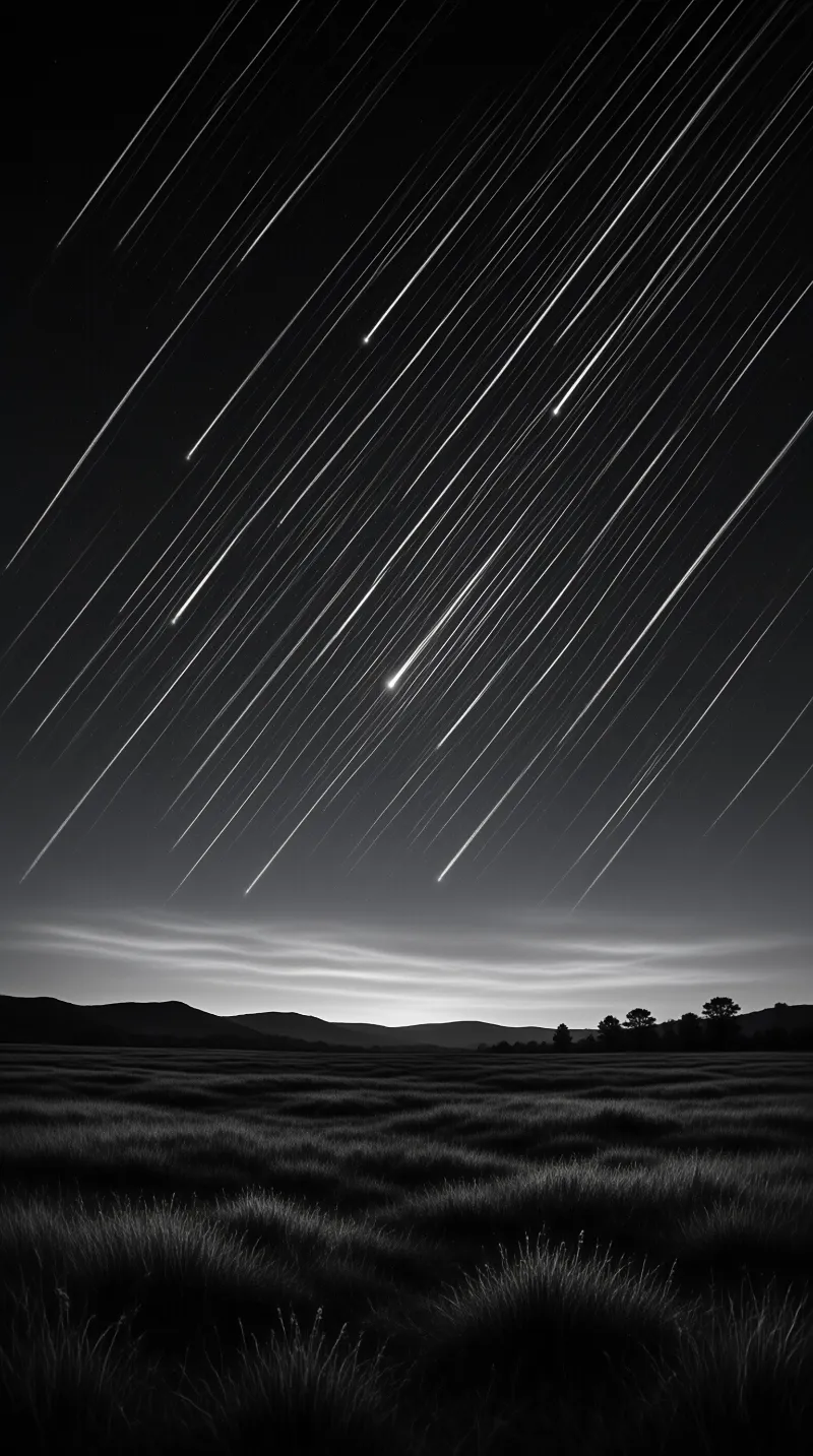Diagonal meteor trails streak across the dark night sky above a grassy field and distant silhouetted hills.