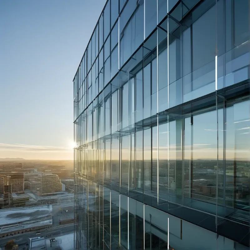 Modern glass facade captures the warm glow of the sun reflecting a distant cityscape below.