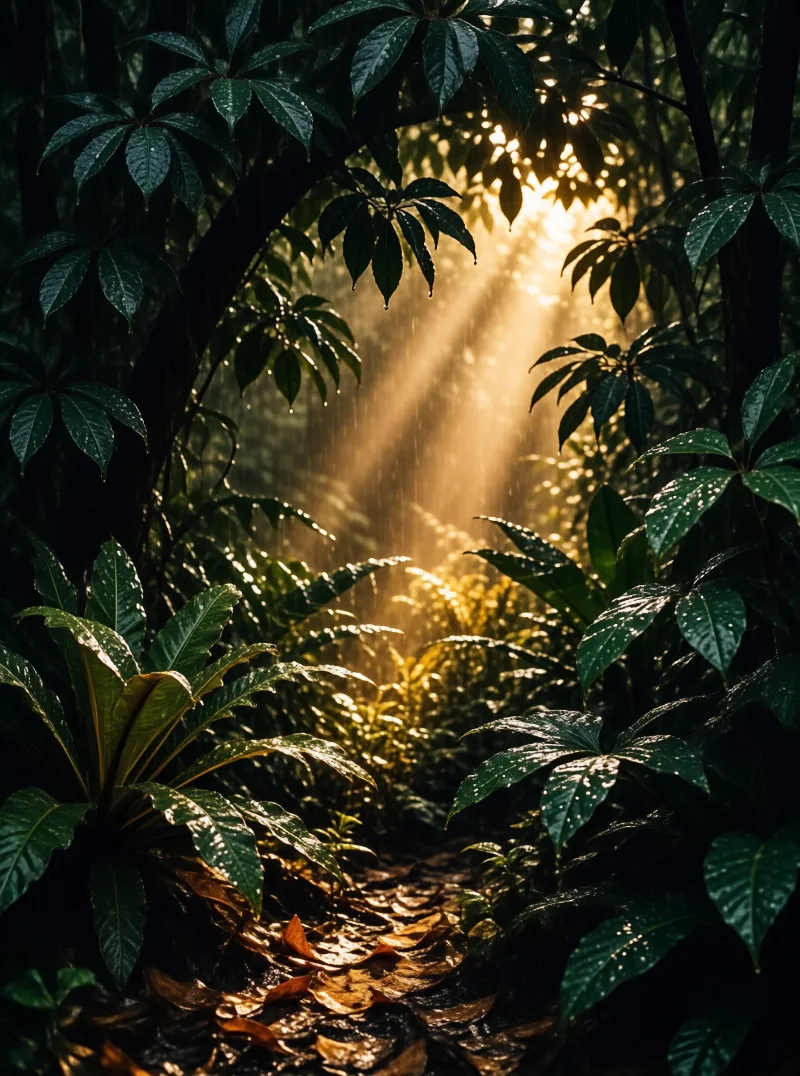 Golden light pours down a jungle path between glossy wet leaves and a carpet of fallen brown leaves