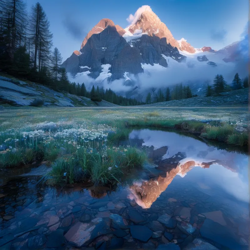 A snow-dusted mountain summit catches warm dawn light, mirrored in a clear alpine pond ringed with wildflowers and pines.