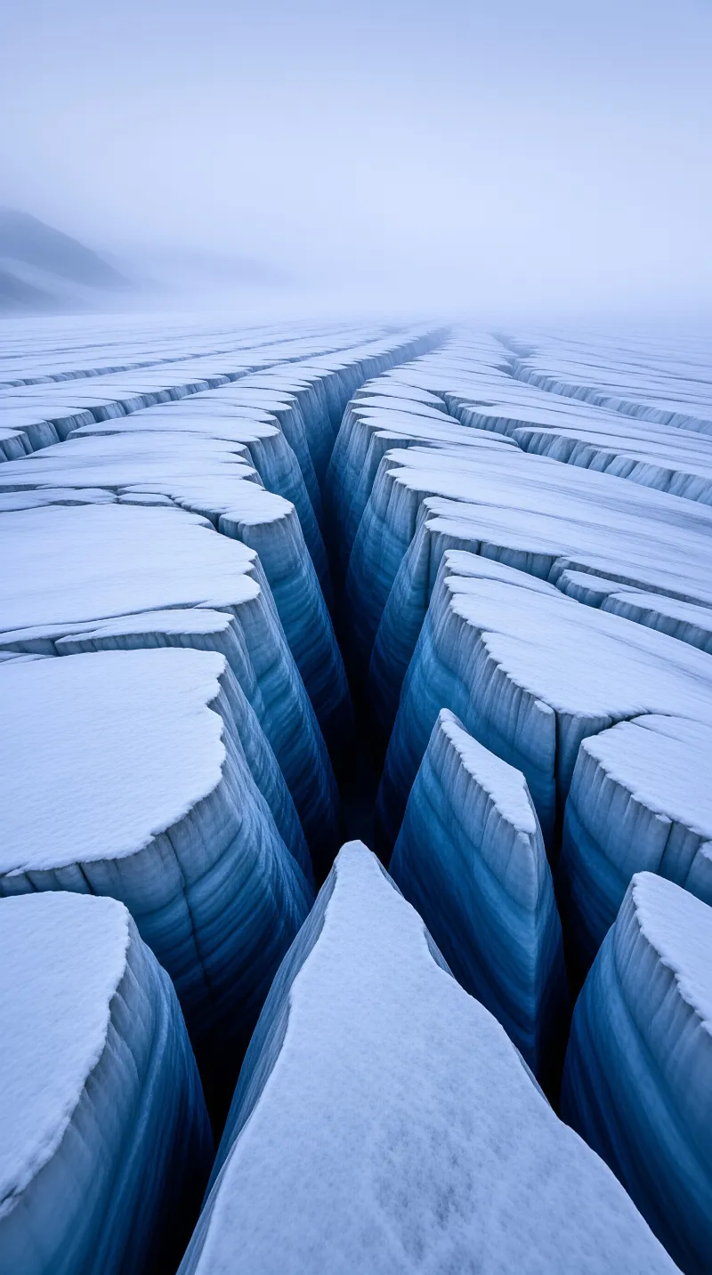 A vast blue ice field features a grid pattern of frozen ridges stretching toward a foggy horizon under soft winter light.