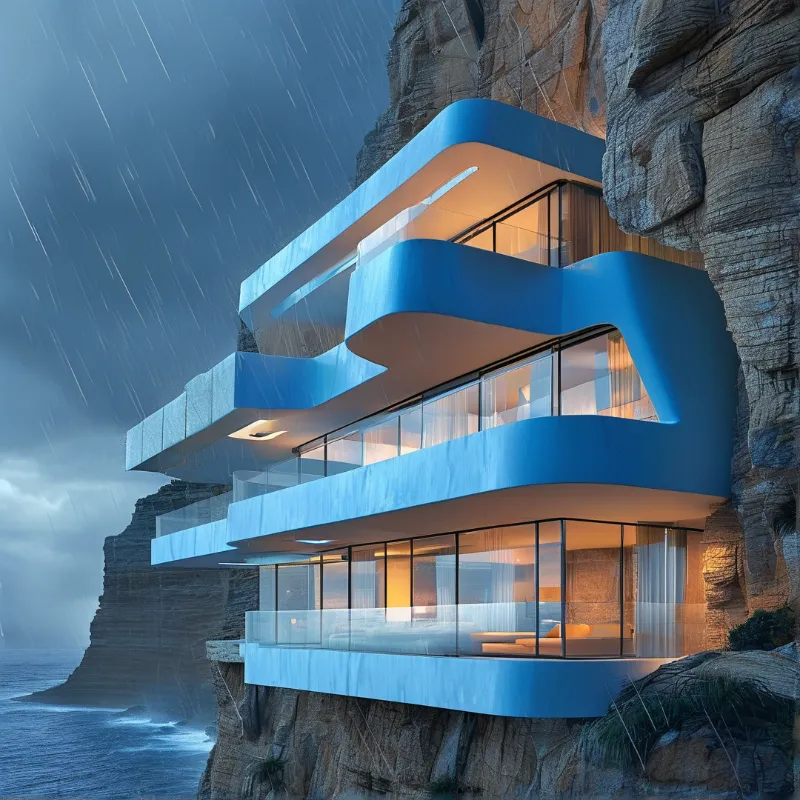 Curved white balconies of a coastal home glow warmly against a wet rock face in falling rain