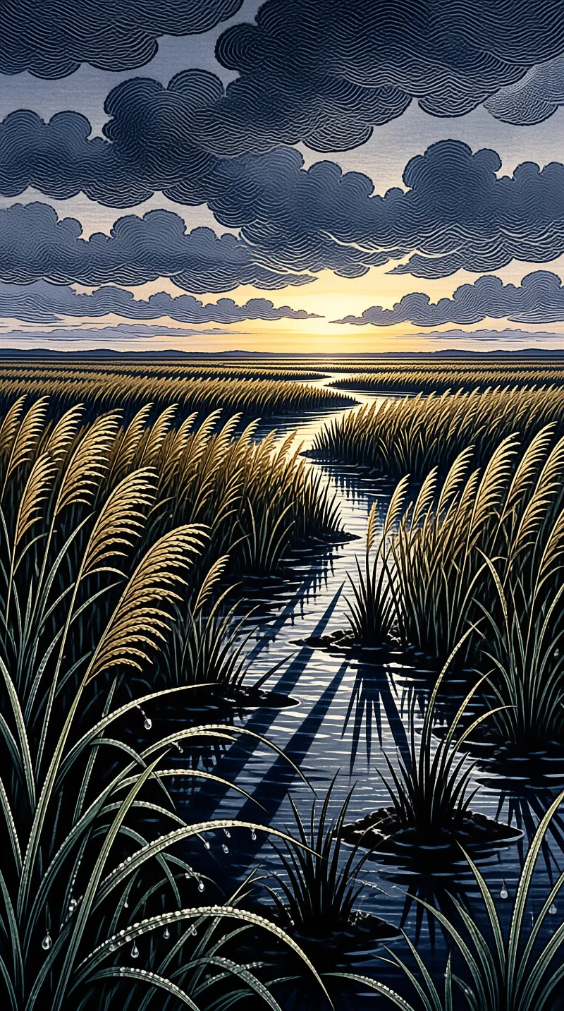 Stylized illustration of wetland grasses surrounding a narrow waterway leading to a glowing sunset horizon.