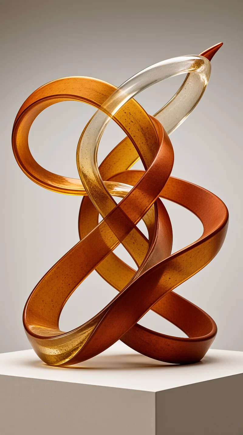 Sculpted object composed of spiraling orange and translucent bands standing on a white block against gray background.