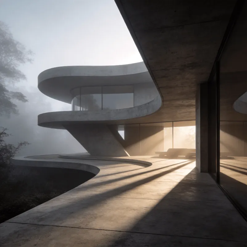 Villa with Curved Concrete — Foggy Morning
