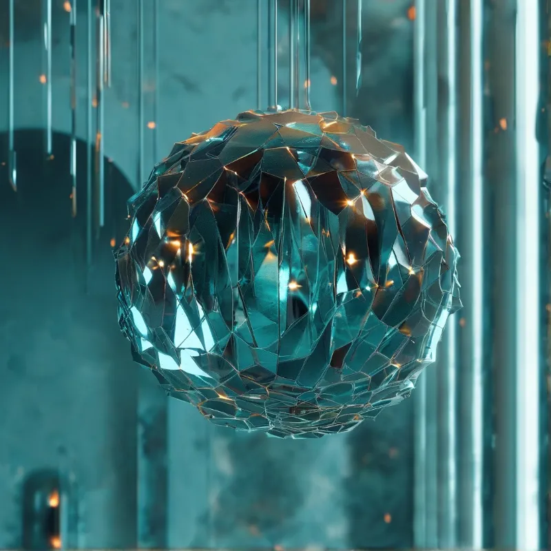 A faceted blue sphere hangs suspended amidst vertical teal lines and warm orange reflections.