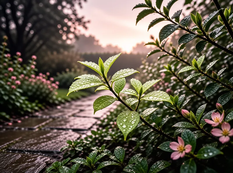 Close up of wet green tea leaves and pink flowers next to a stone path during sunrise.