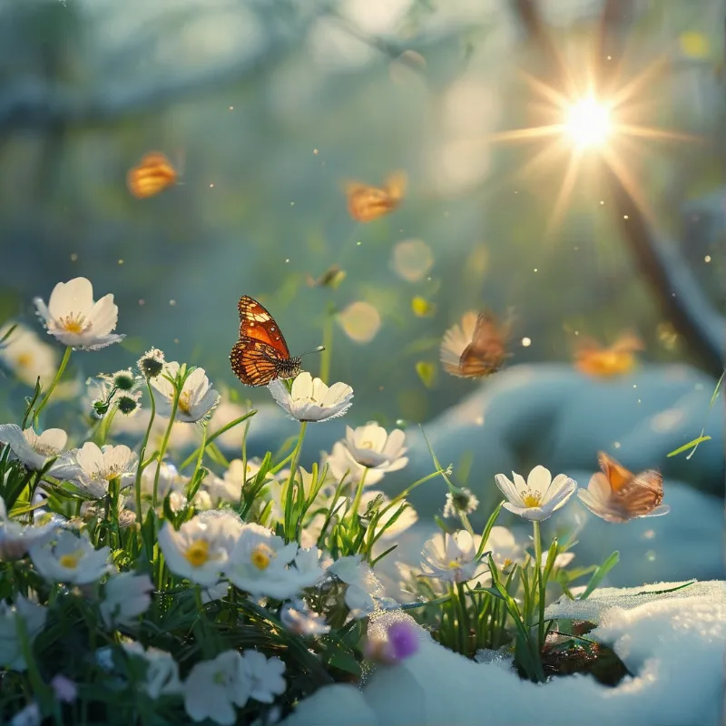 An orange butterfly rests on a white flower blooming through snow while other insects fly near the bright morning sun.