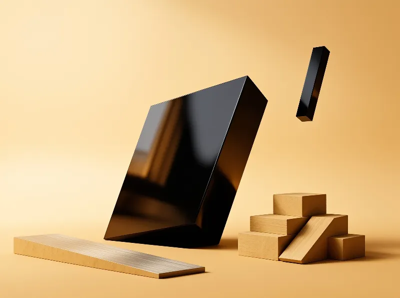 Glossy black geometric shapes and wooden blocks rest on a smooth beige surface with soft lighting.