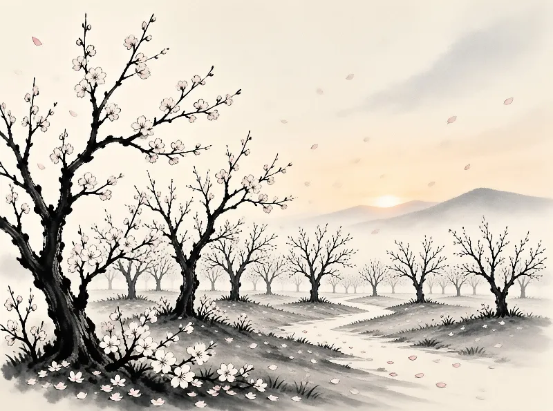 Ink wash painting depicting rows of plum blossom trees in a field with mountains and a setting sun in the distance.