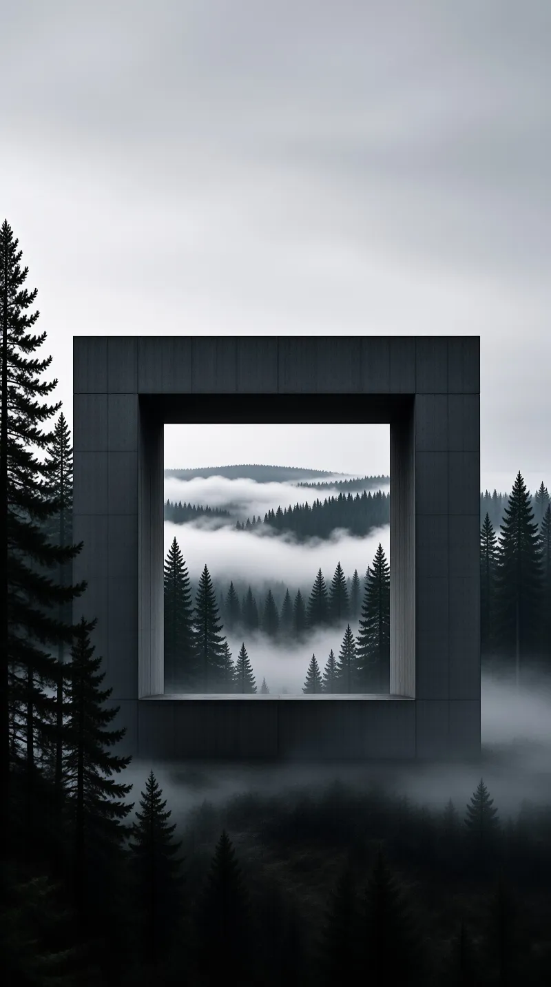 A large dark rectangular structure stands in a foggy forest with pine trees visible through the opening.