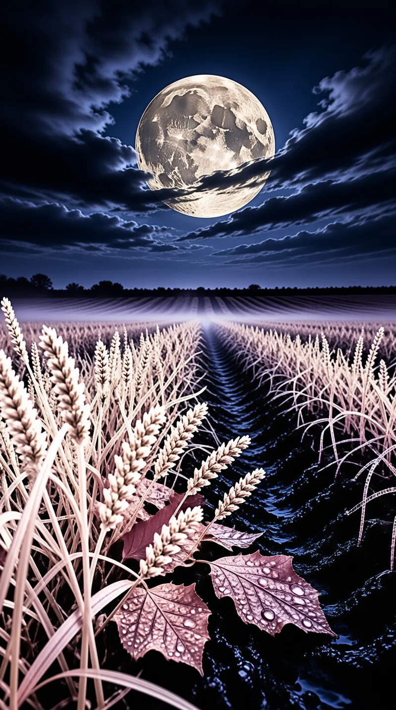 A surreal landscape showing golden wheat stalks in the foreground beneath a gigantic full moon shining through blue clouds.