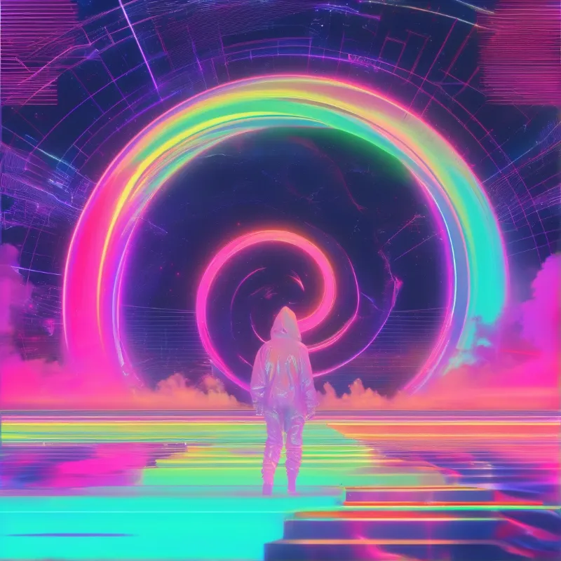A glowing multicolored ring floats above a mirrored neon floor while a hooded silhouette stands at the center.