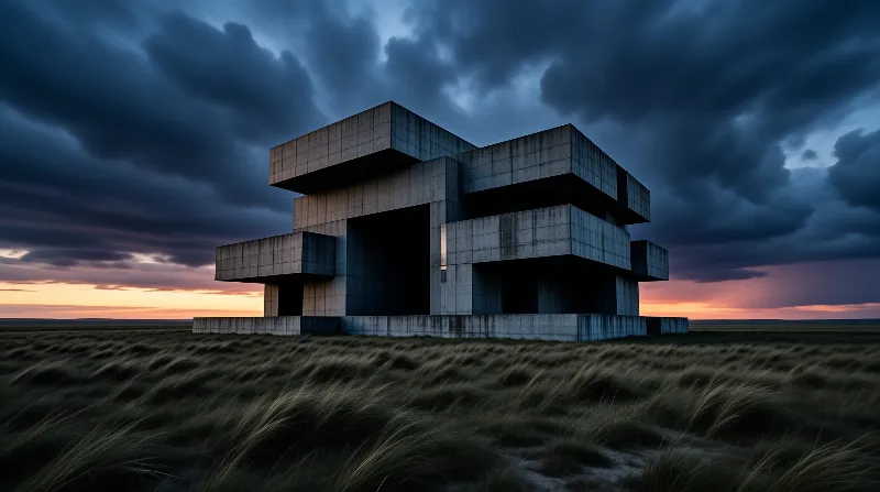A grey concrete building stands in a grassy field under a stormy sky with orange sunset light on the horizon.