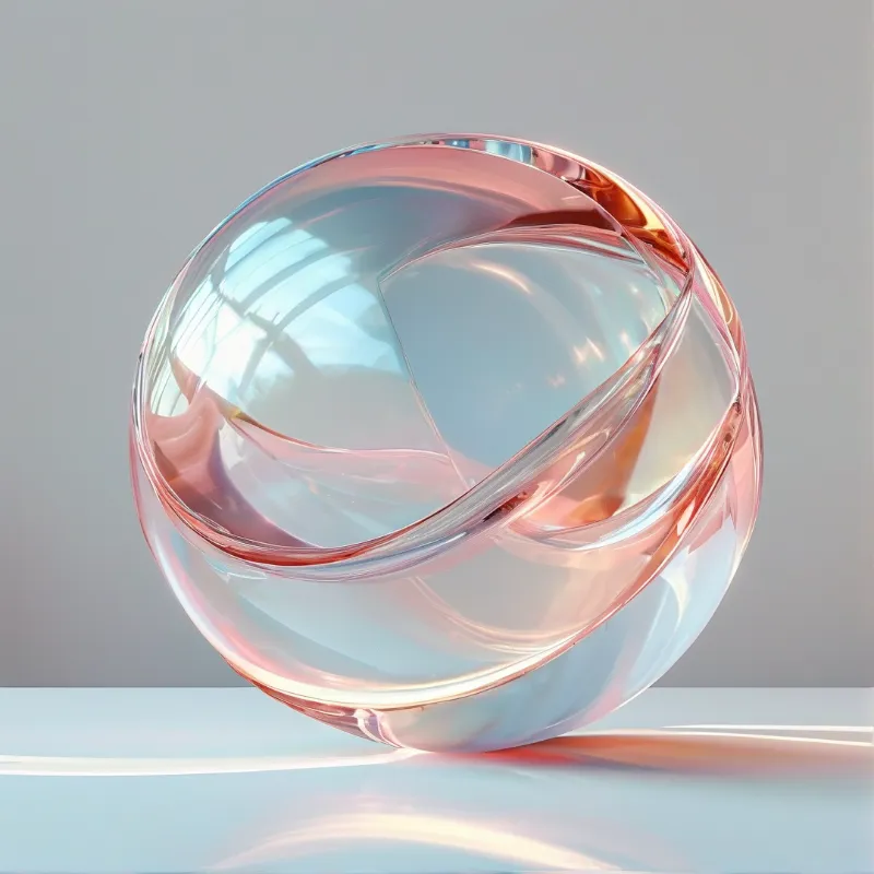 A clear glass sphere wraps a twisted iridescent ribbon that refracts pink and blue light.