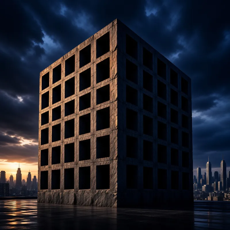 A massive concrete structure with recessed windows stands on a wet surface against a twilight sky and distant skyscrapers.
