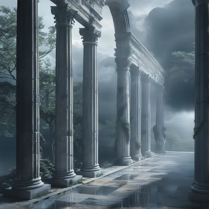 A row of ancient stone columns stands beside a wet floor reflecting the soft light of a misty forest.