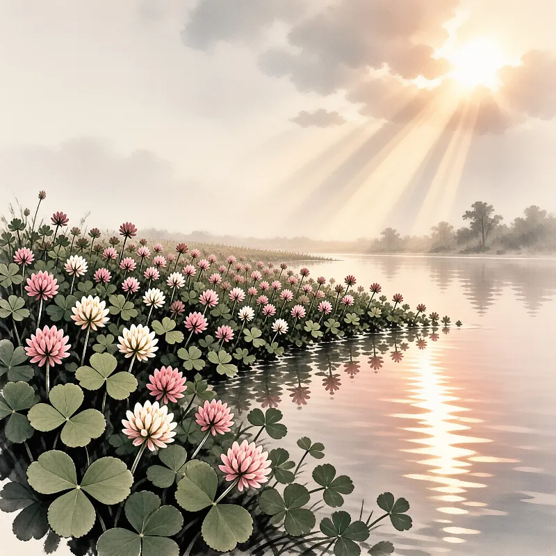 Watercolor clover blossoms border a tranquil lake reflecting a radiant sun hidden behind clouds.