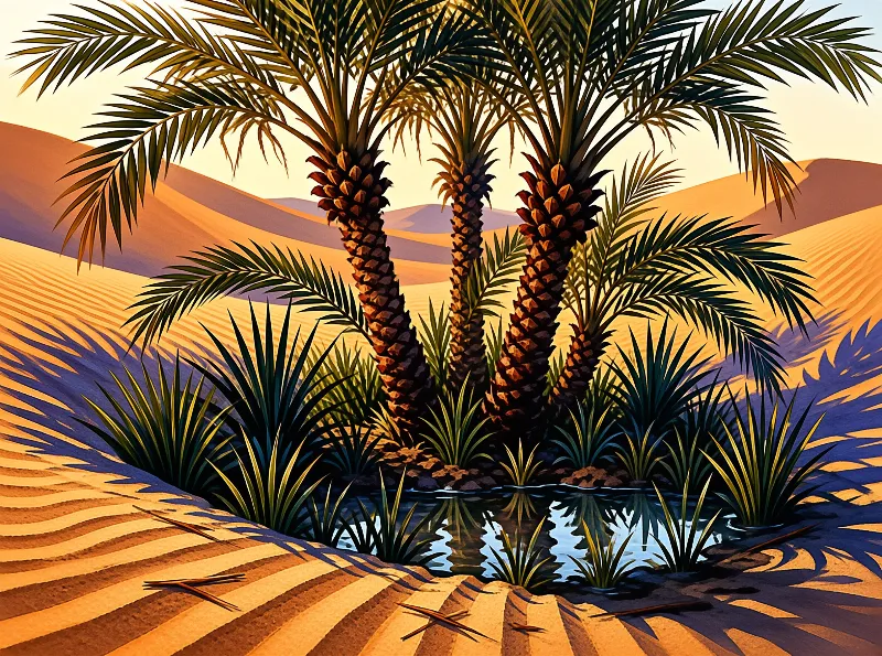 Three palm trees stand beside a reflective pool surrounded by spiky vegetation in a sandy landscape.