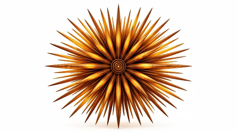 A radial bronze object with sharp points sits centered against a stark white surface under bright illumination.