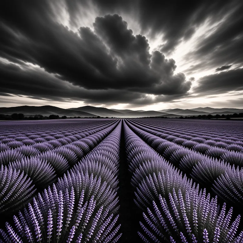 Purple lavender rows lead across a wide plain toward mountains beneath dark turbulent clouds and breaking sunlight.