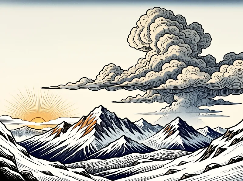 A woodcut illustration shows snow-capped mountains under a radiant sun and billowing line-drawn clouds