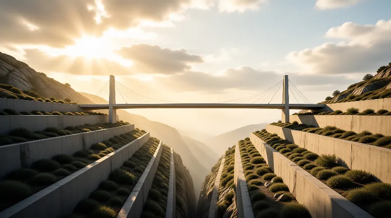 Concrete bridge spanning a deep canyon with terraced slopes covered in low green shrubs under a golden sunset sky.