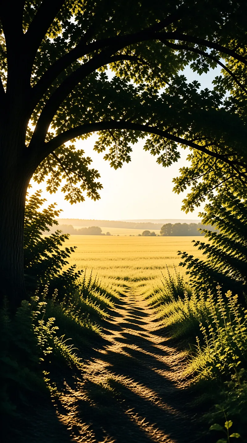A dirt trail winds beneath branches toward a sunlit golden field with long shadows stretching across the ground.