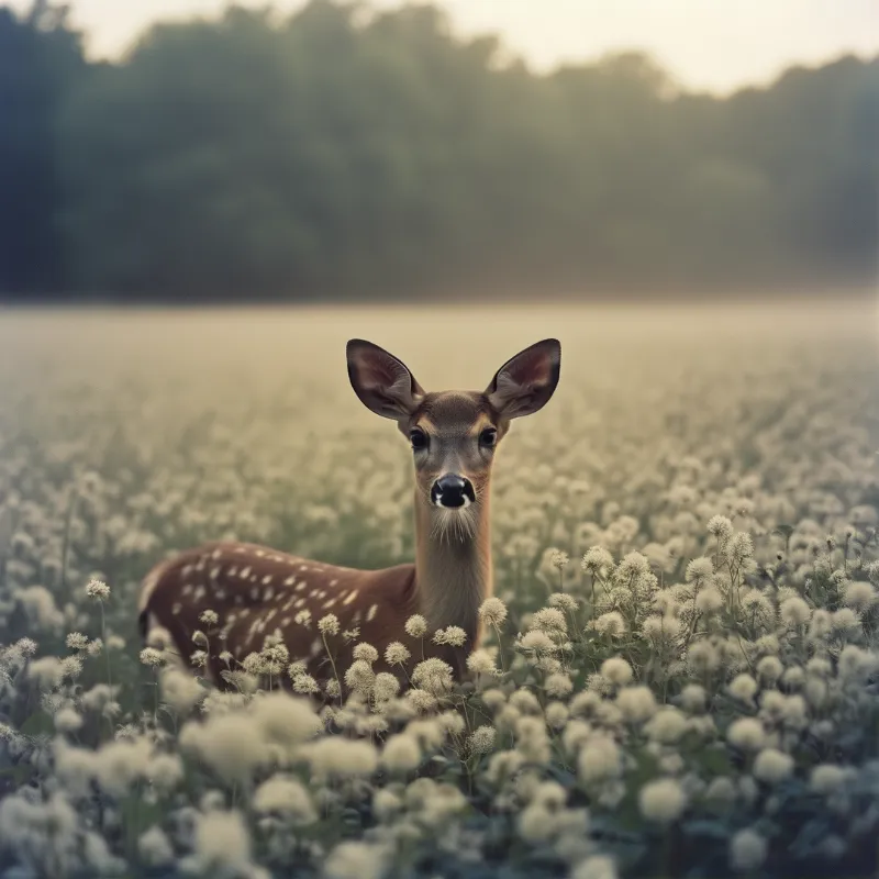 A young spotted deer looks directly at the viewer while standing surrounded by tall white wildflowers in a foggy meadow.