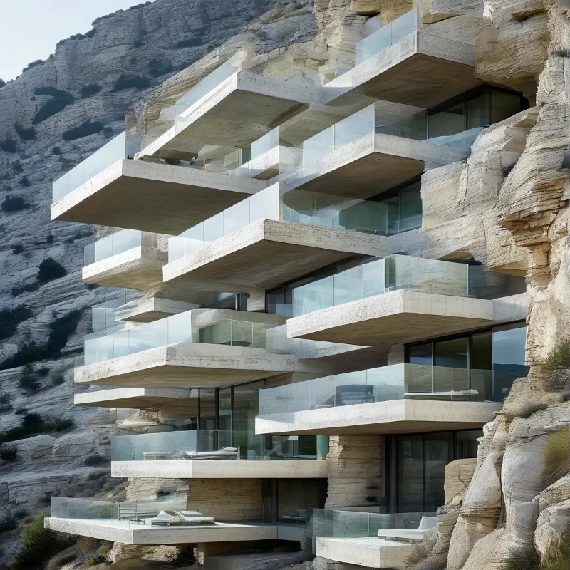 Modern concrete balconies with glass railings extend from a rugged cliff under bright daylight