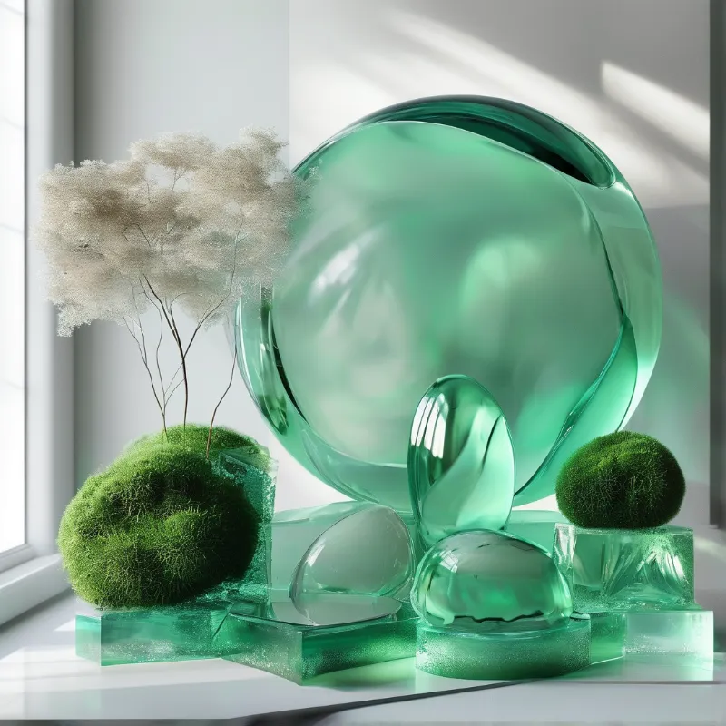 Large translucent green shapes sit on clear blocks next to moss balls and white flowers near a bright window.