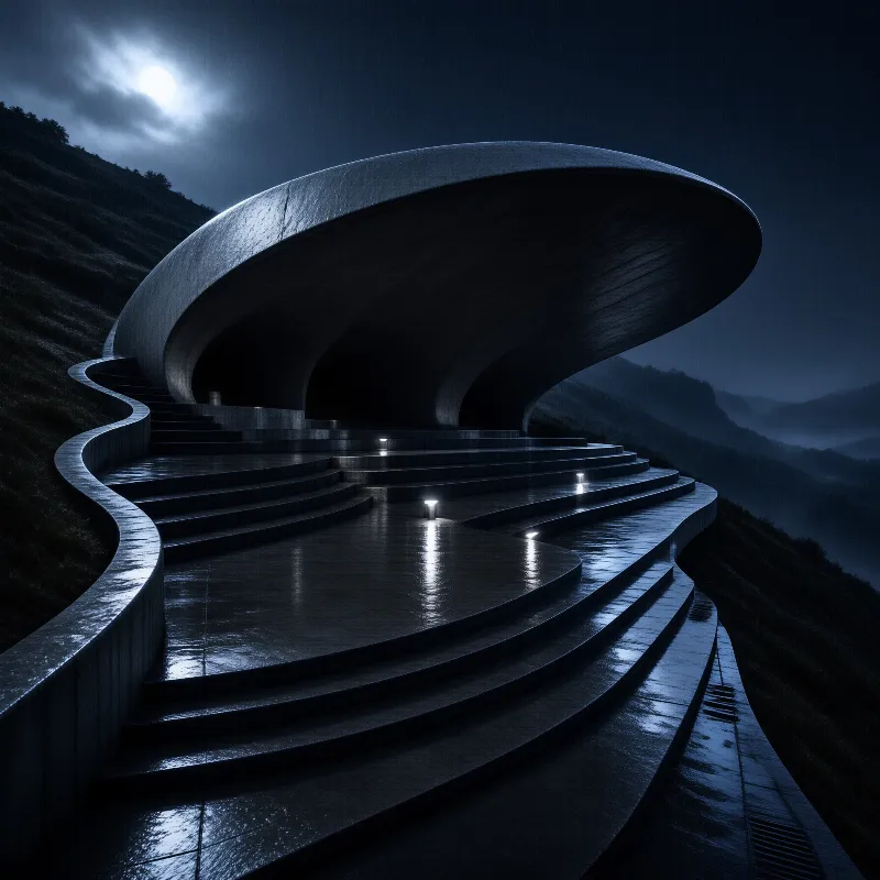 A dark curved concrete structure with wet terraced rows gleams under a moonlit sky amid foggy hills.