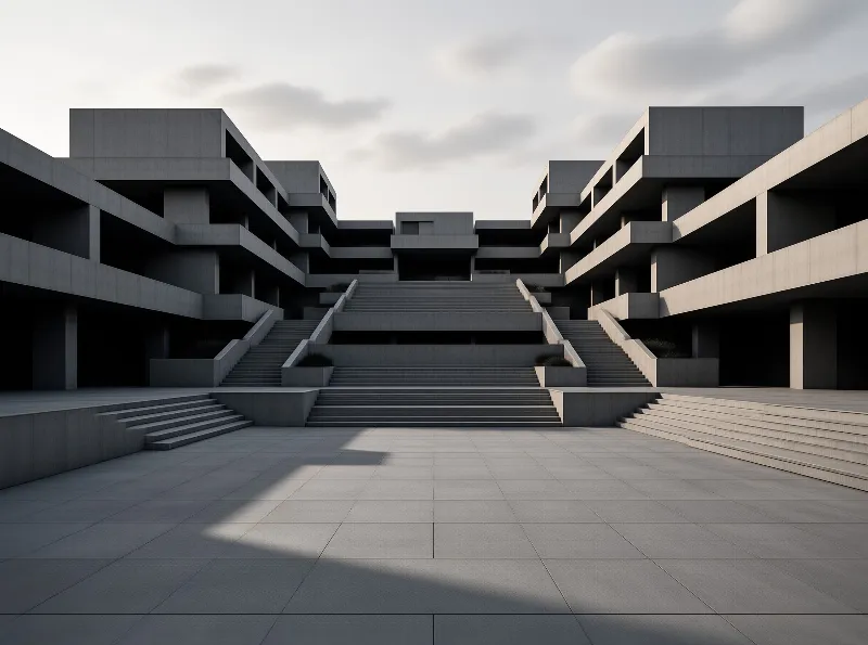 Twin stepped concrete blocks frame a wide ceremonial staircase above a vast grey tiled plaza.