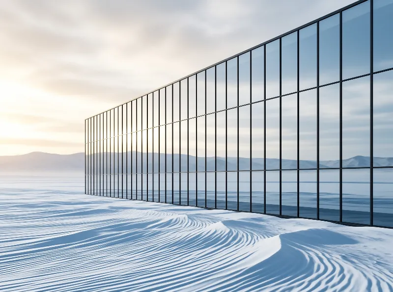 A long glass structure with black frames reflects the sky and rippled sand dunes in a desert landscape during sunrise.