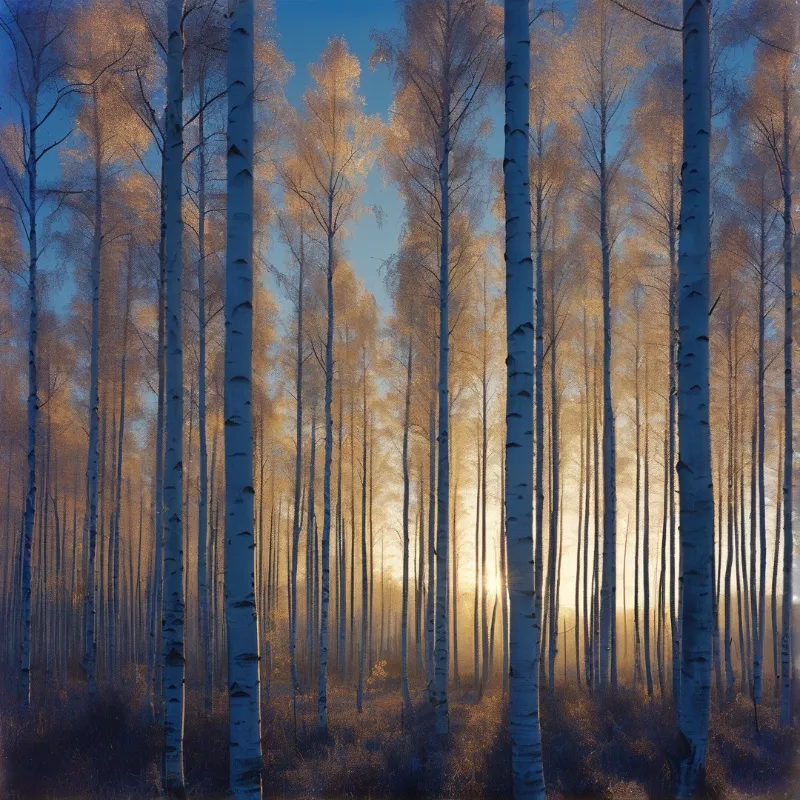Tall white birch trunks rise vertically while warm sunlight filters through the branches of the dense forest.