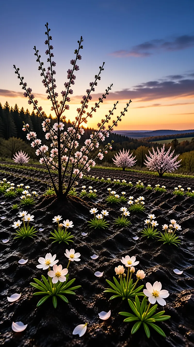Pink buds open on a young tree set in dark turned soil, with small white flowers and distant orchard rows at sunset.