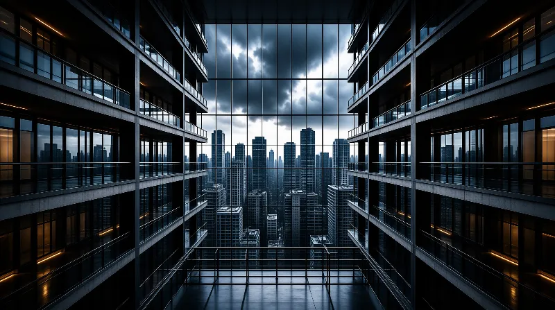 Amber strip lights line the floors of a dark atrium that opens through a glass wall onto a city skyline.