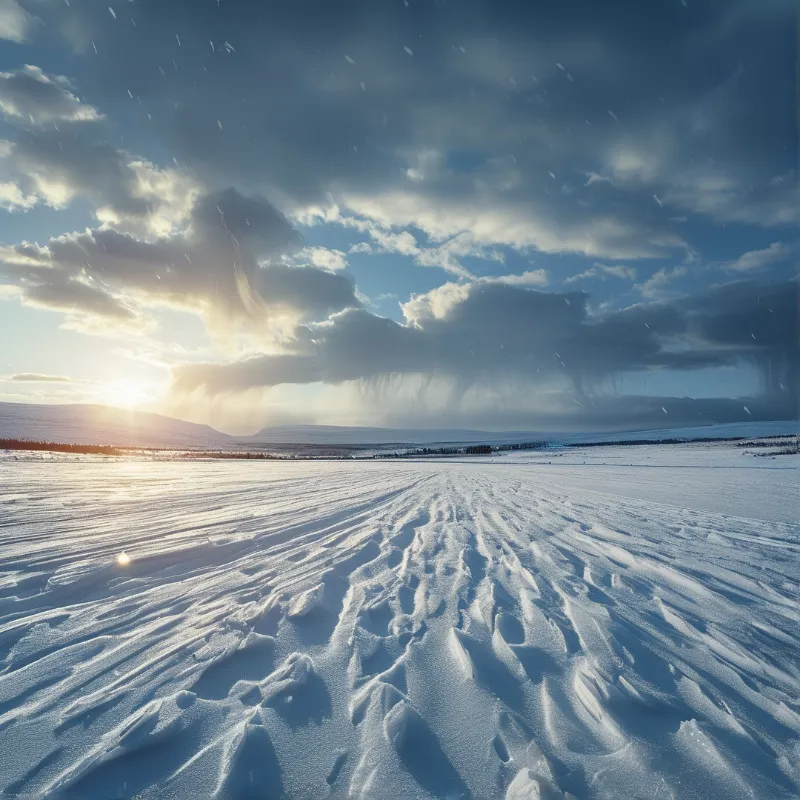 A wide snowy plain features tracks in the white surface while sunlight breaks through heavy clouds above distant hills.