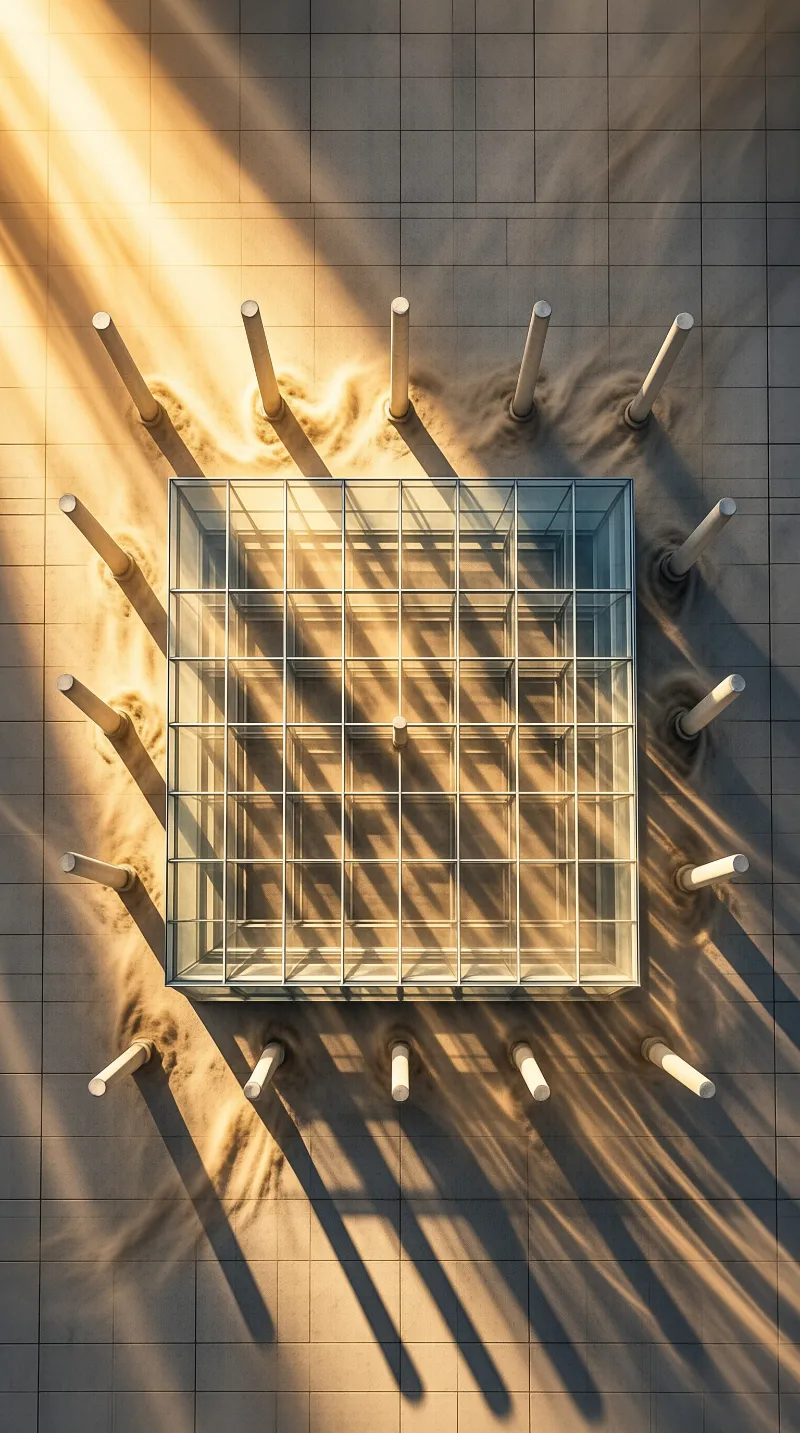 An overhead view shows a square glass atrium framed by poles whose shadows stripe a sun warmed tiled roof.