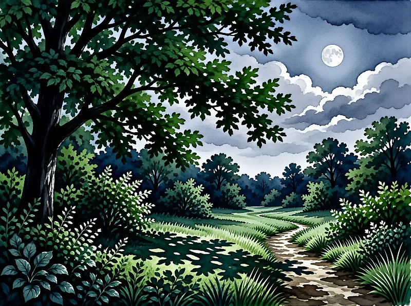 An oak tree frames a winding dirt forest trail under a full moon, with grey clouds casting leaf shadows over green grassy banks.