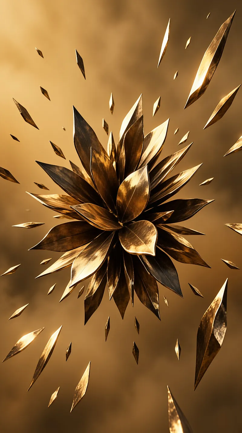 A metallic golden flower disintegrates into sharp shards against a soft amber background.