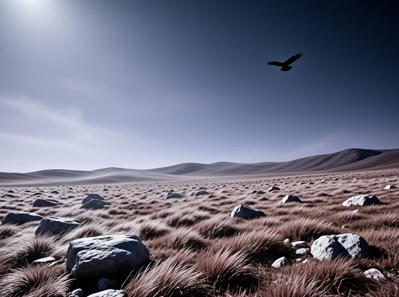 Gray boulders and dry grass dot a desolate plain while a lone eagle crosses a sky split by bright light.