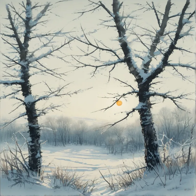 Two dark snow laden trees frame a misty white winter field with a small orange sun hanging low in the pale sky.