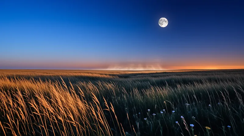 Golden grass fills the foreground as a bright moon shines above a distant horizon glowing with sunset colors.
